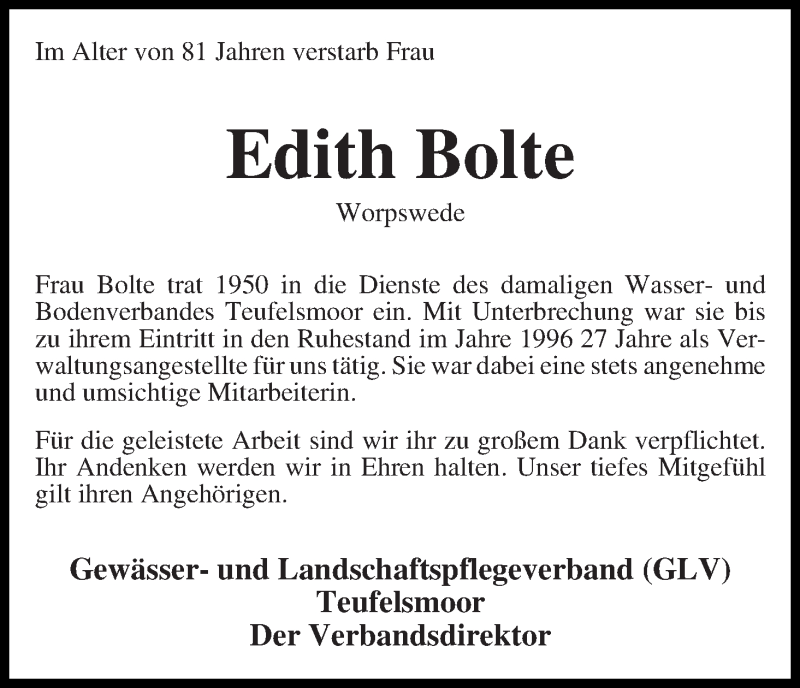  Traueranzeige für Edith Bolte vom 02.09.2016 aus Wuemme Zeitung