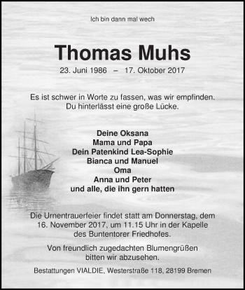 Traueranzeigen Von Thomas Muhs Trauer Gedenken