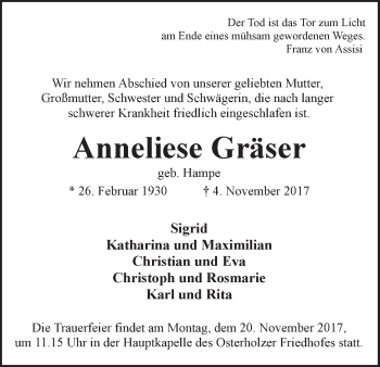 Traueranzeigen von Anneliese Gräser Trauer Gedenken