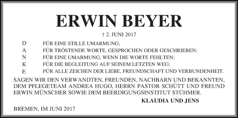 Traueranzeige von Erwin Beyer von WESER-KURIER