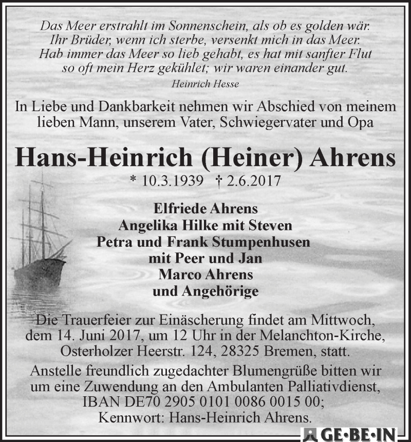 Traueranzeige von Hans-Heinrich (Heiner) Ahrens von WESER-KURIER