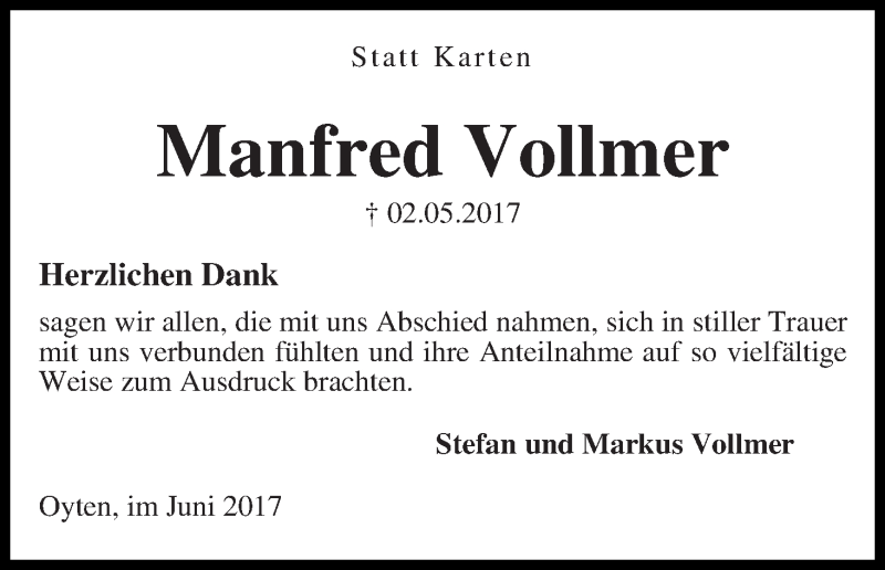 Traueranzeige von Manfred Vollmer von Achimer Kurier/Verdener Nachrichten