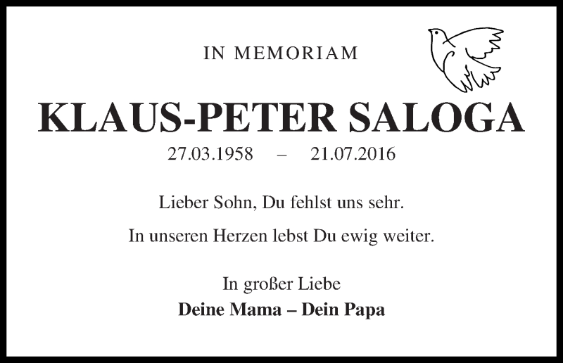  Traueranzeige für Klaus-Peter Saloga vom 21.07.2017 aus WESER-KURIER