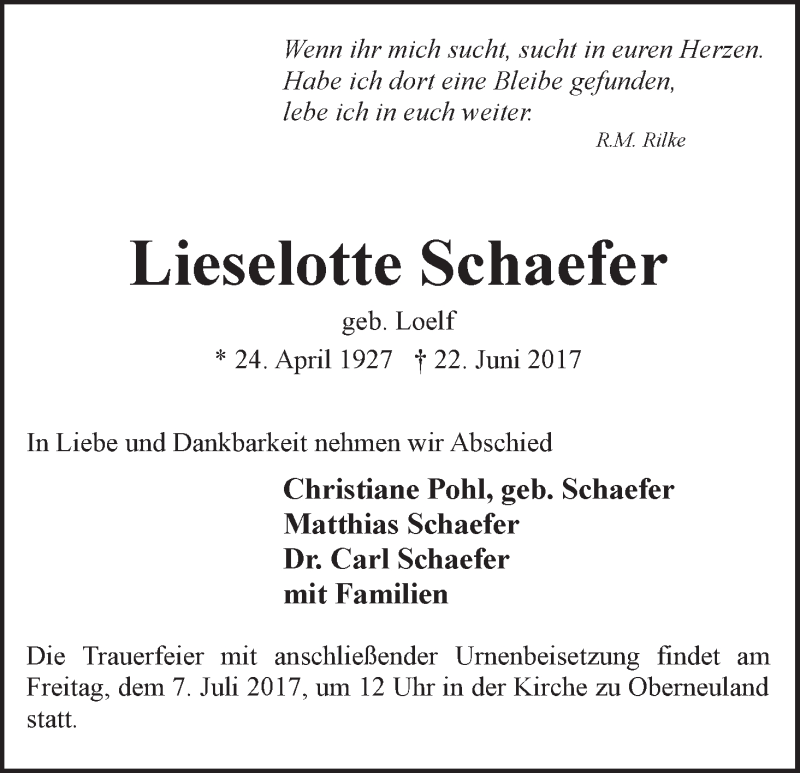 Traueranzeigen Von Lieselotte Schaefer Trauer Gedenken