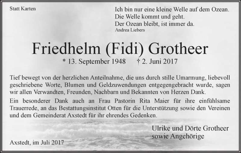 Traueranzeige von Friedhelmb(Fidi) Grotheer von Osterholzer Kreisblatt