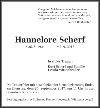 Traueranzeigen Von Hannelore Scherf Trauer Gedenken