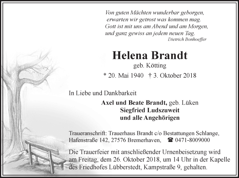 Traueranzeigen Von Helena Brandt Trauer Gedenken