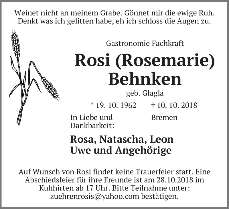 Traueranzeigen Von Rosi Rosemarie Behnken Trauer Gedenken