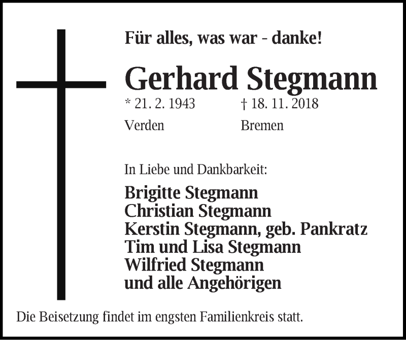 Traueranzeigen Von Gerhard Stegmann Trauer Gedenken