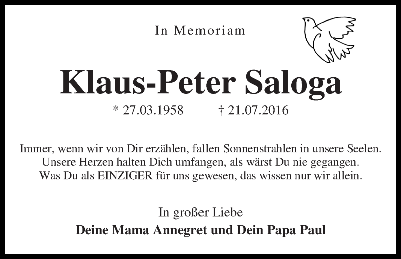  Traueranzeige für Klaus-Peter Saloga vom 27.03.2018 aus WESER-KURIER