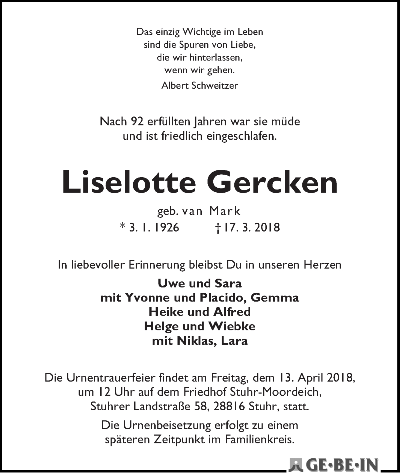 Traueranzeigen Von Liselotte Gercken Trauer Gedenken