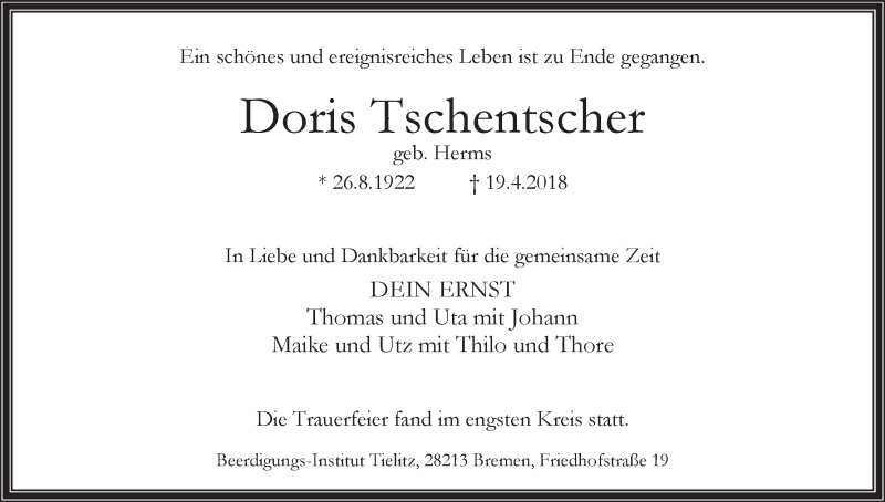 Traueranzeige von Doris Tschentscher von WESER-KURIER