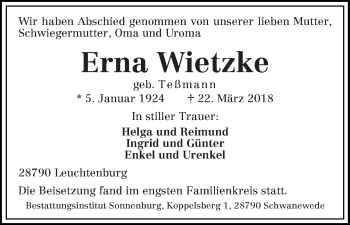 Traueranzeigen Von Erna Wietzke Trauer Gedenken