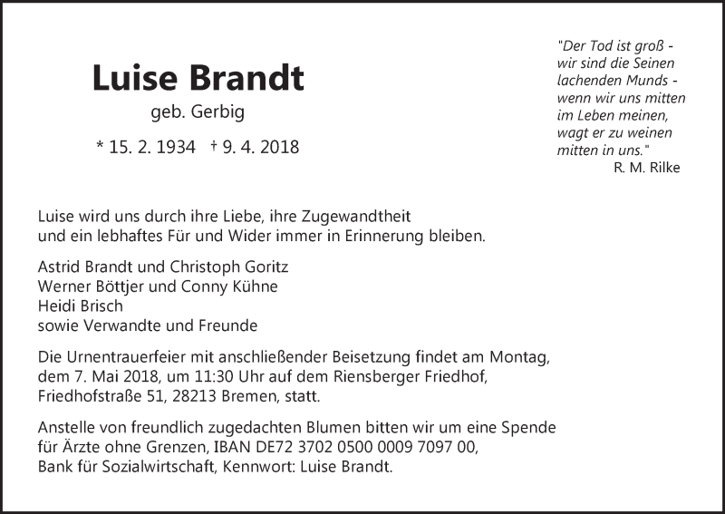 Traueranzeigen Von Luise Brandt Trauer Gedenken