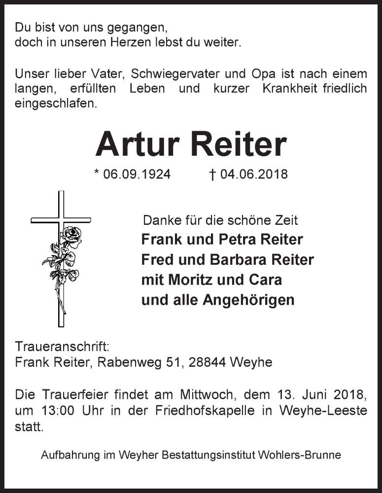 Traueranzeigen Von Artur Reiter Trauer Gedenken