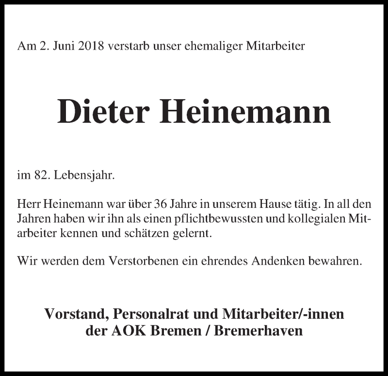 Traueranzeige von Dieter Heinemann von WESER-KURIER