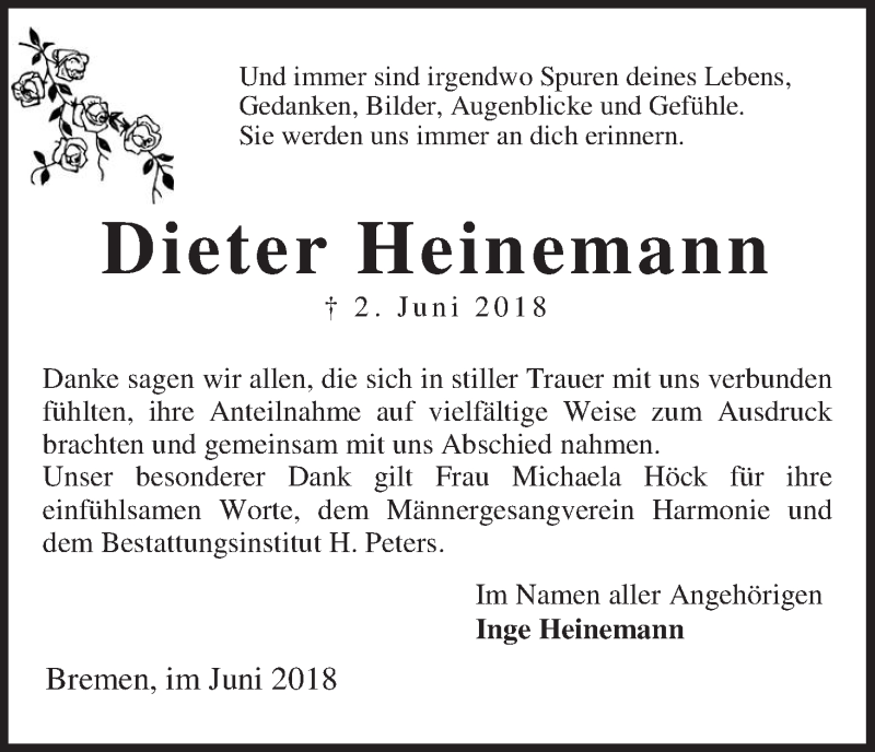 Traueranzeige von Dieter Heinemann von WESER-KURIER