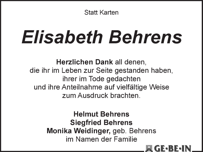 Traueranzeigen Von Elisabeth Behrens Trauer Gedenken