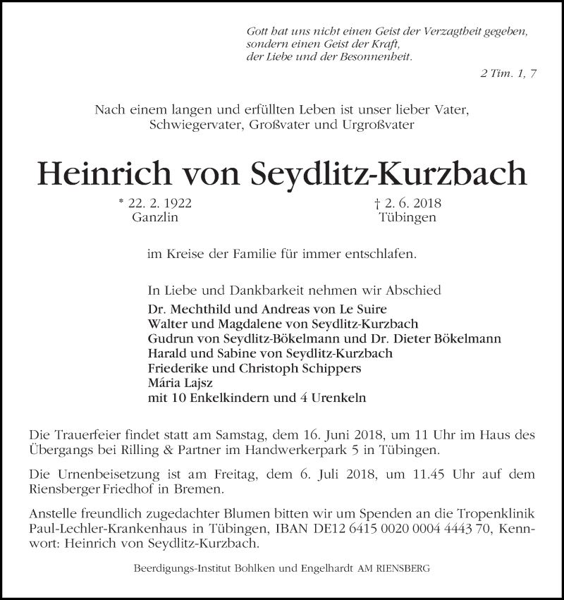 Traueranzeige von Heinrich von Seydlitz-Kurzbach von WESER-KURIER