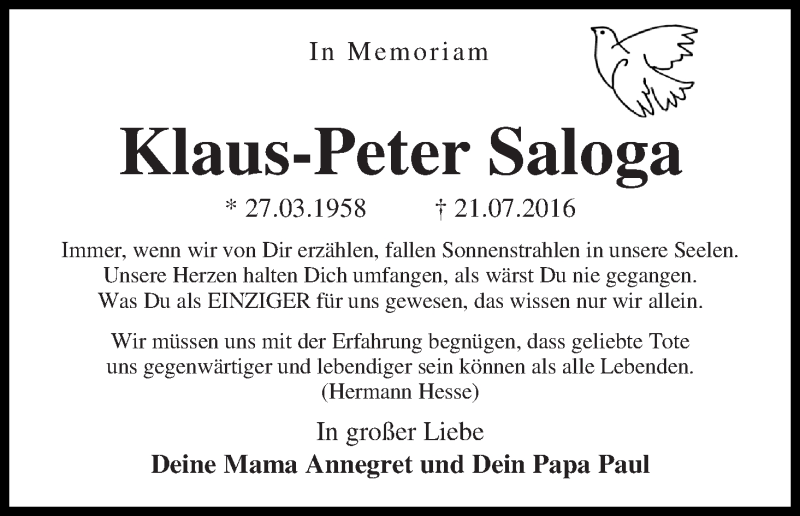  Traueranzeige für Klaus-Peter Saloga vom 21.07.2018 aus WESER-KURIER