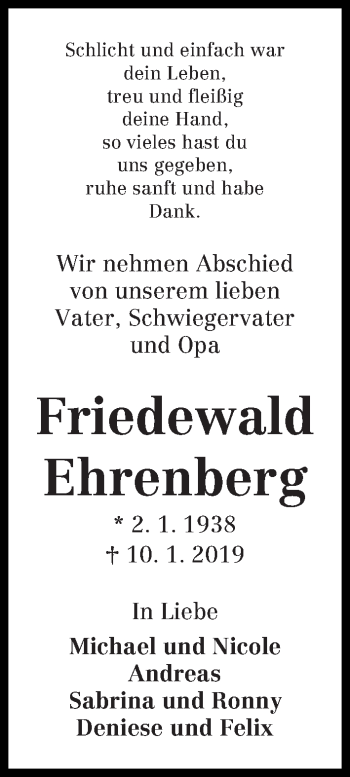 Traueranzeigen Von Friedewald Ehrenberg Trauer Gedenken