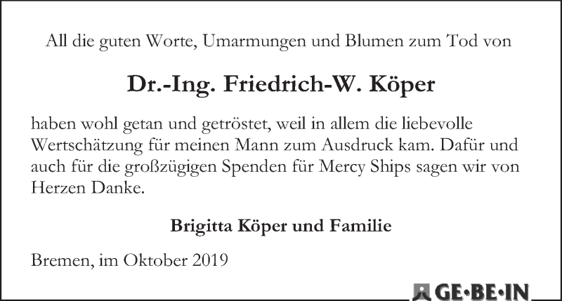 Traueranzeige von Friedrich-W. Köper von WESER-KURIER