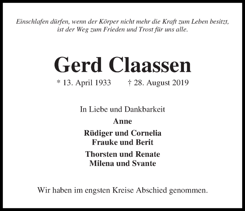 Traueranzeigen Von Gerd Classen Trauer Gedenken