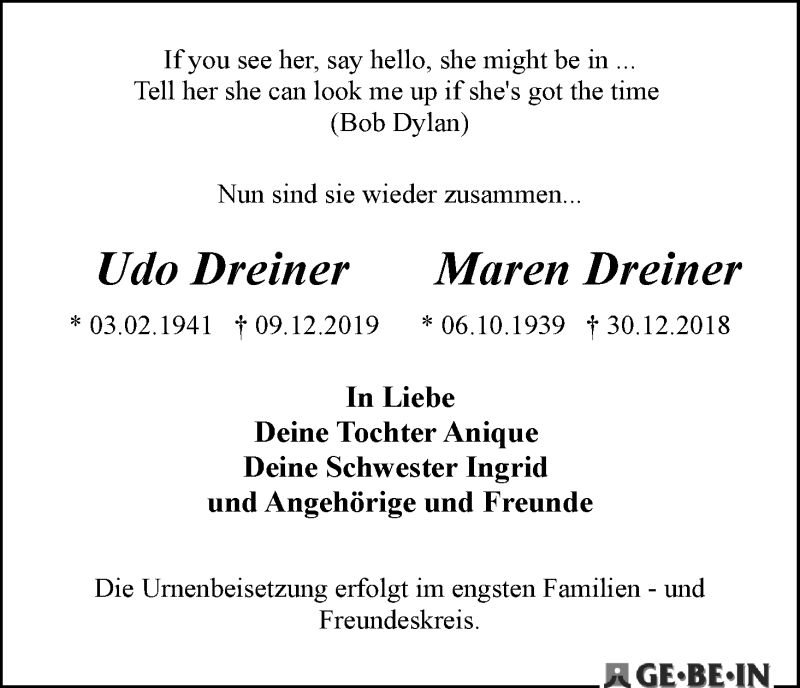 Traueranzeige von Udo und Maren Dreiner von WESER-KURIER