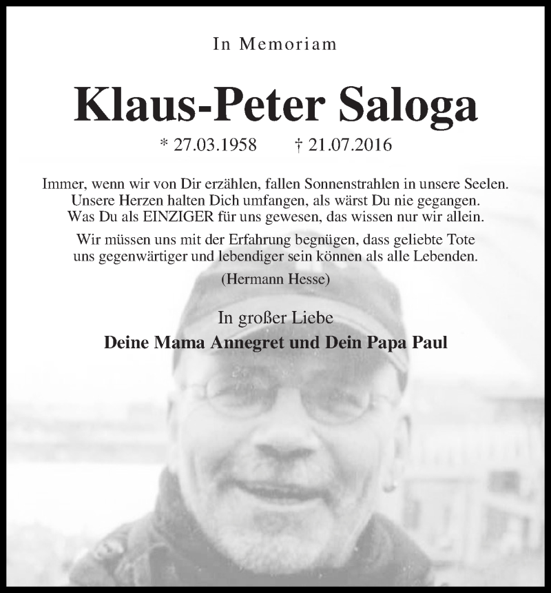  Traueranzeige für Klaus-Peter Saloga vom 27.03.2019 aus WESER-KURIER