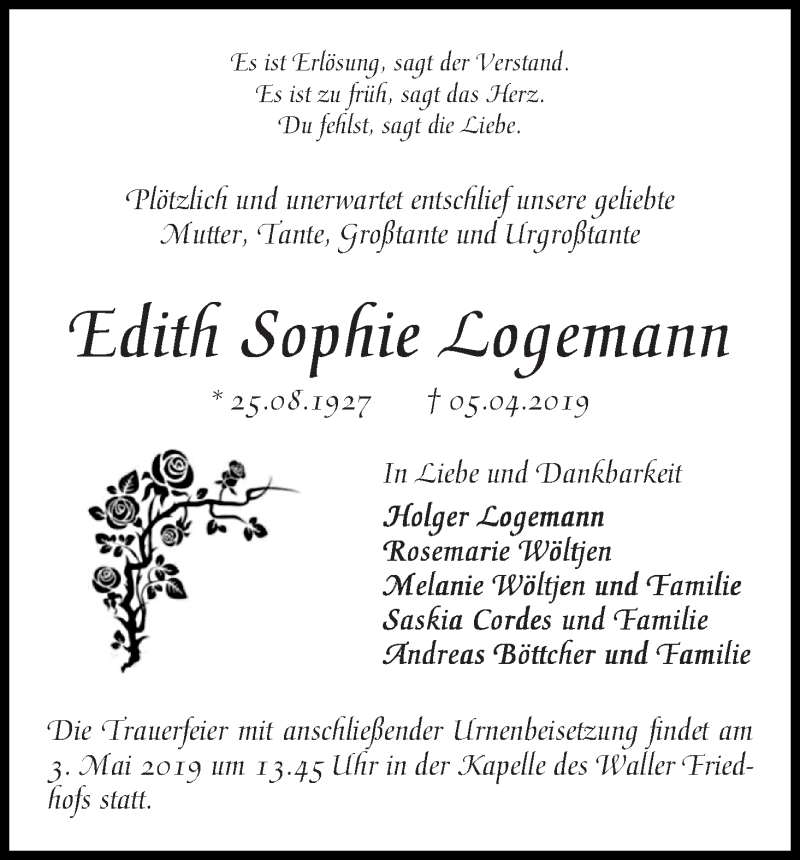 Traueranzeigen Von Edith Sophie Logemann Trauer Gedenken