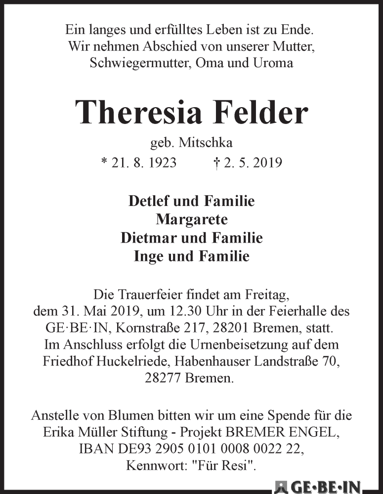 Traueranzeige von Theresia Felder von WESER-KURIER