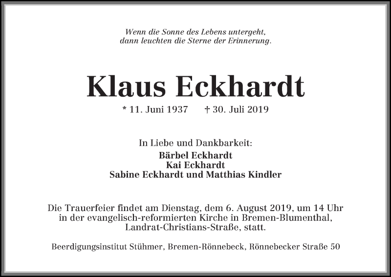 Traueranzeigen Von Klaus Eckhardt Trauer Gedenken