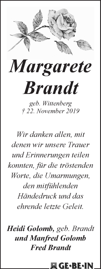 Traueranzeigen Von Margarete Brandt Trauer Gedenken