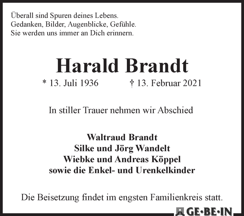 Traueranzeigen Von Harald Brandt Trauer Gedenken