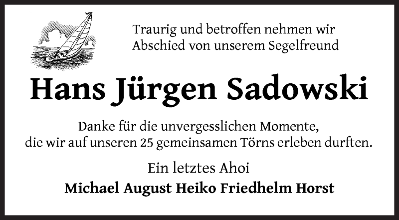 Traueranzeigen von Hans Jürgen Sadowski Trauer Gedenken