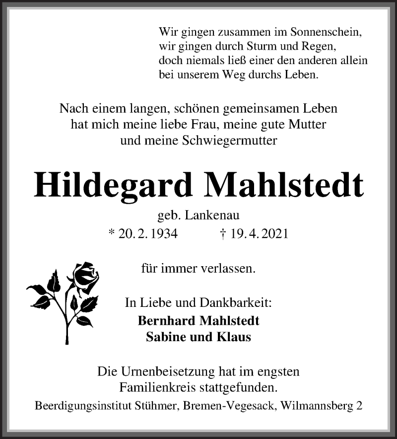 Traueranzeige von Hildegard Mahlstedt von Die Norddeutsche