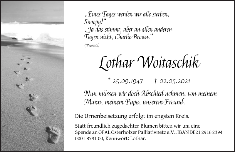 Traueranzeige von Lothar Woitaschik von Die Norddeutsche