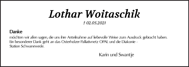 Traueranzeige von Lothar Woitaschik von Die Norddeutsche