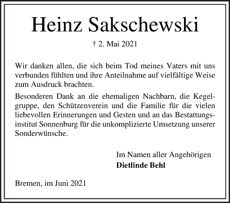 Traueranzeige von Heinz Sakschewski von Die Norddeutsche