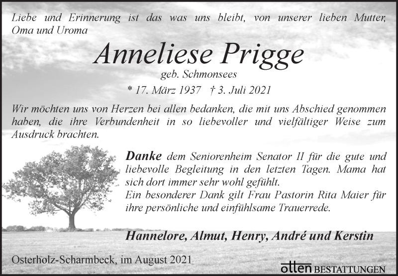 Traueranzeigen Von Anneliese Prigge Trauer Gedenken