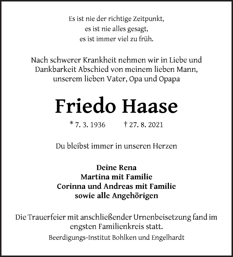 Traueranzeigen Von Friedo Haase Trauer Gedenken