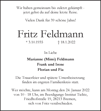 Traueranzeigen Von Fritz Feldmann Trauer Gedenken