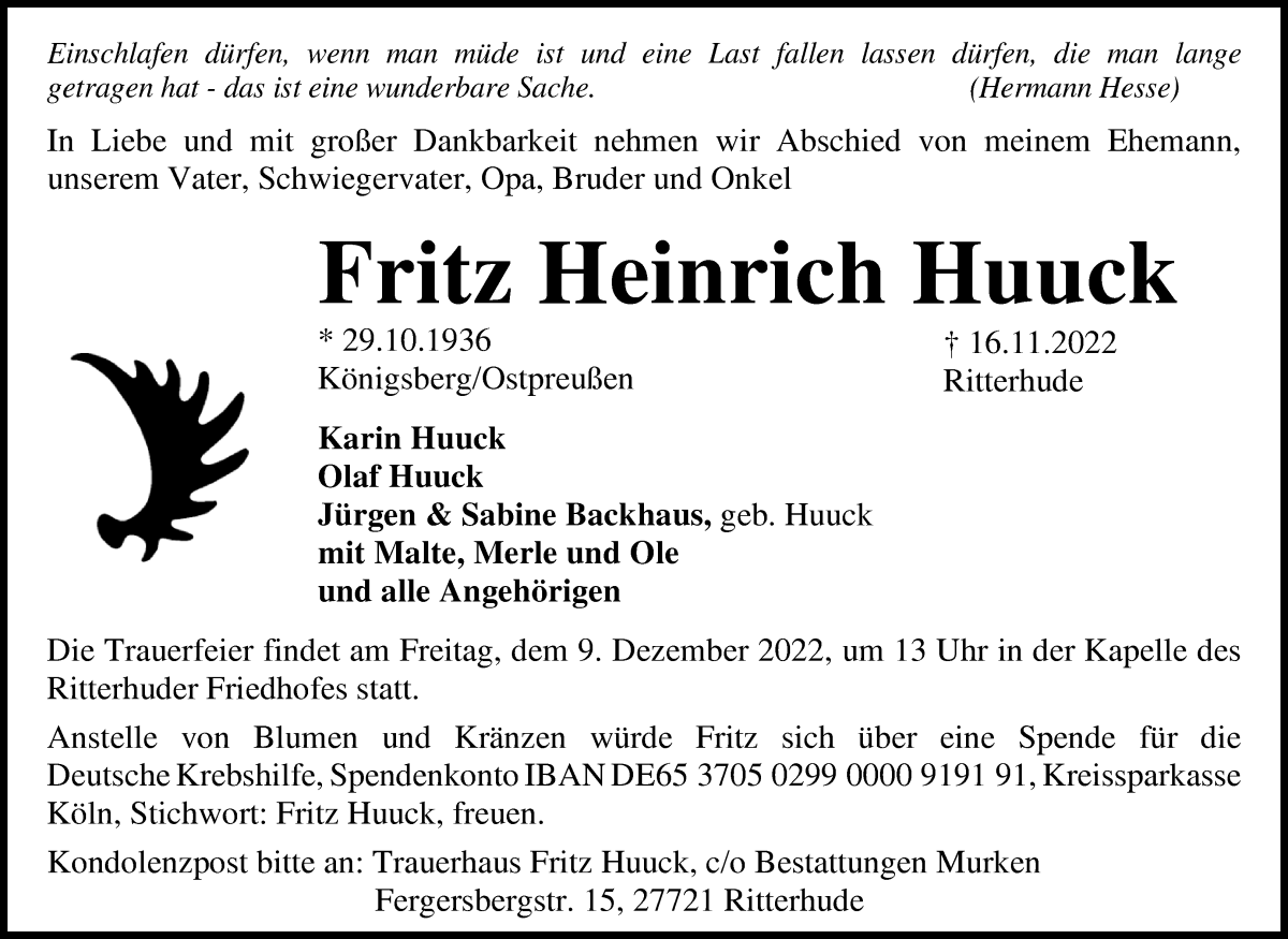 Traueranzeigen Von Fritz Hermann Huuck Trauer Gedenken