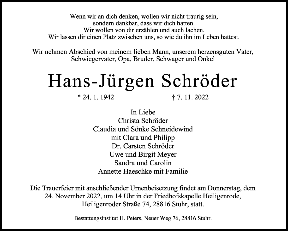 Traueranzeigen von Hans Jürgen Schröder Trauer Gedenken