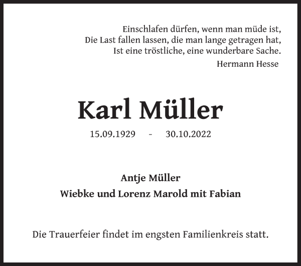 Traueranzeigen Von Karl M Ller Trauer Gedenken