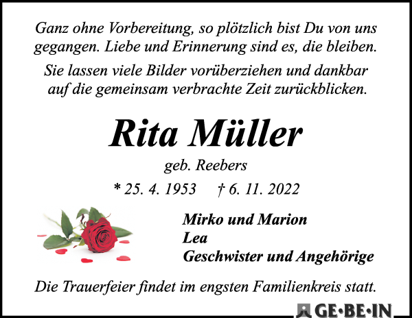 Traueranzeigen von Rita Müller Trauer Gedenken