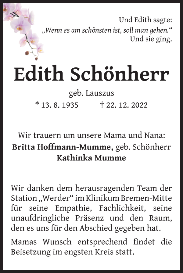 Traueranzeigen Von Edith Sch Nherr Trauer Gedenken