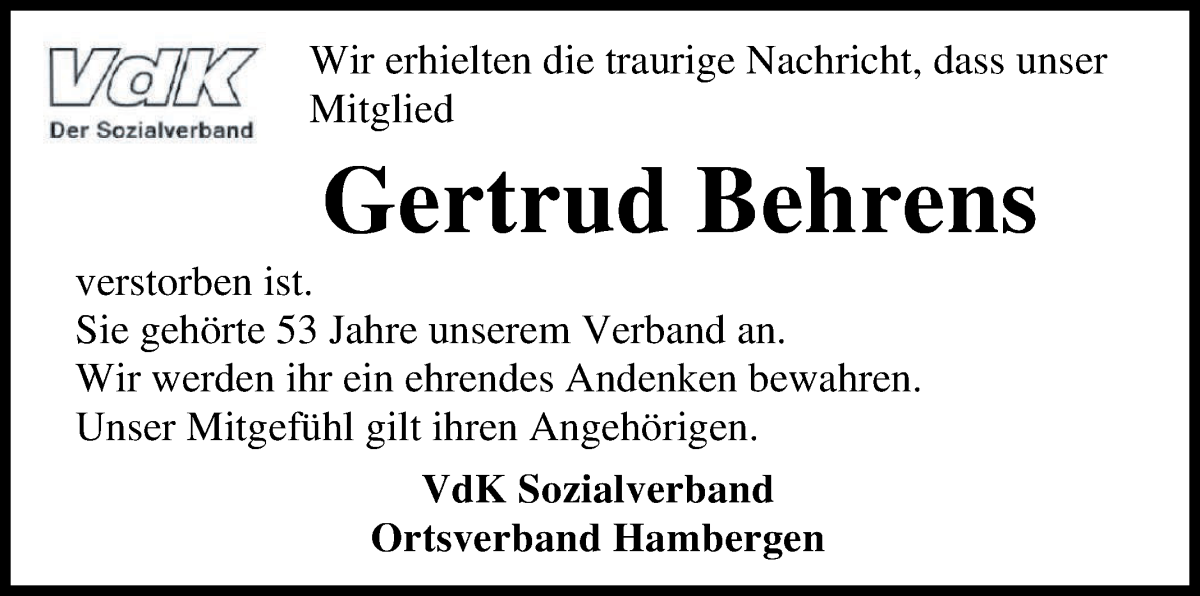 Traueranzeigen Von Gertrud Behrens Trauer Gedenken