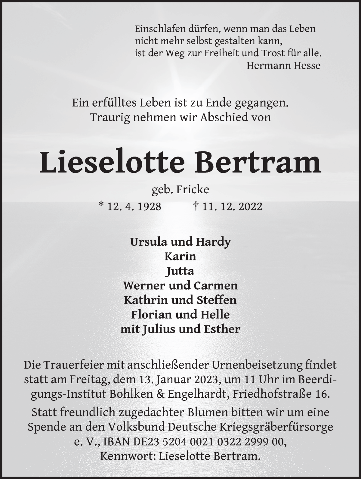 Traueranzeigen Von Lieselotte Bertram Trauer Gedenken