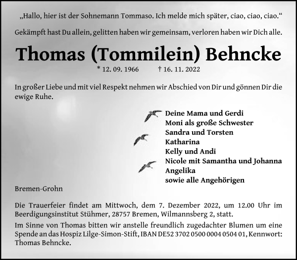 Traueranzeigen Von Thomas Behncke Trauer Gedenken